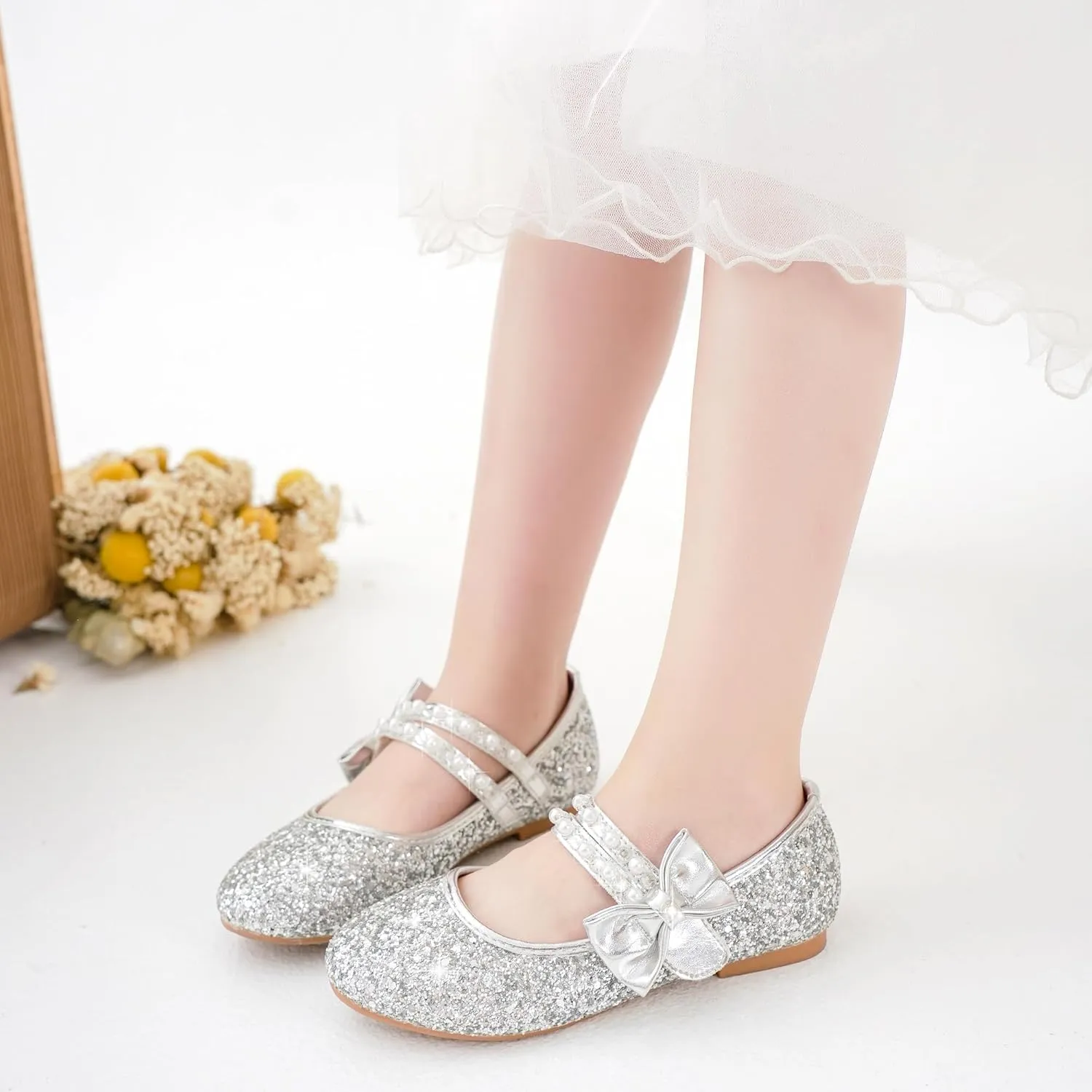 Toddler Girls Dress Shoes - Black Floral Mary Jane Flats for Girls - Water Resistant - All Seasons - Casual - Wedding, Dance, Daily Wear