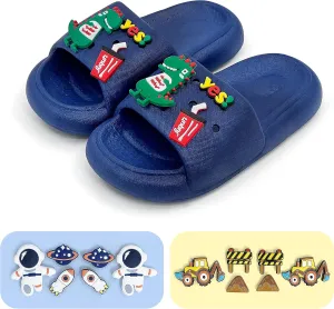 Toddler Slides Slippers Boys & Girls Slide Sandals for Kids Cute Cartoon Open Toe Sandals Compfy Shower Slippers Beach Garden Shoes 4 in 1 with 3 pair of Shoes Decoration Charms