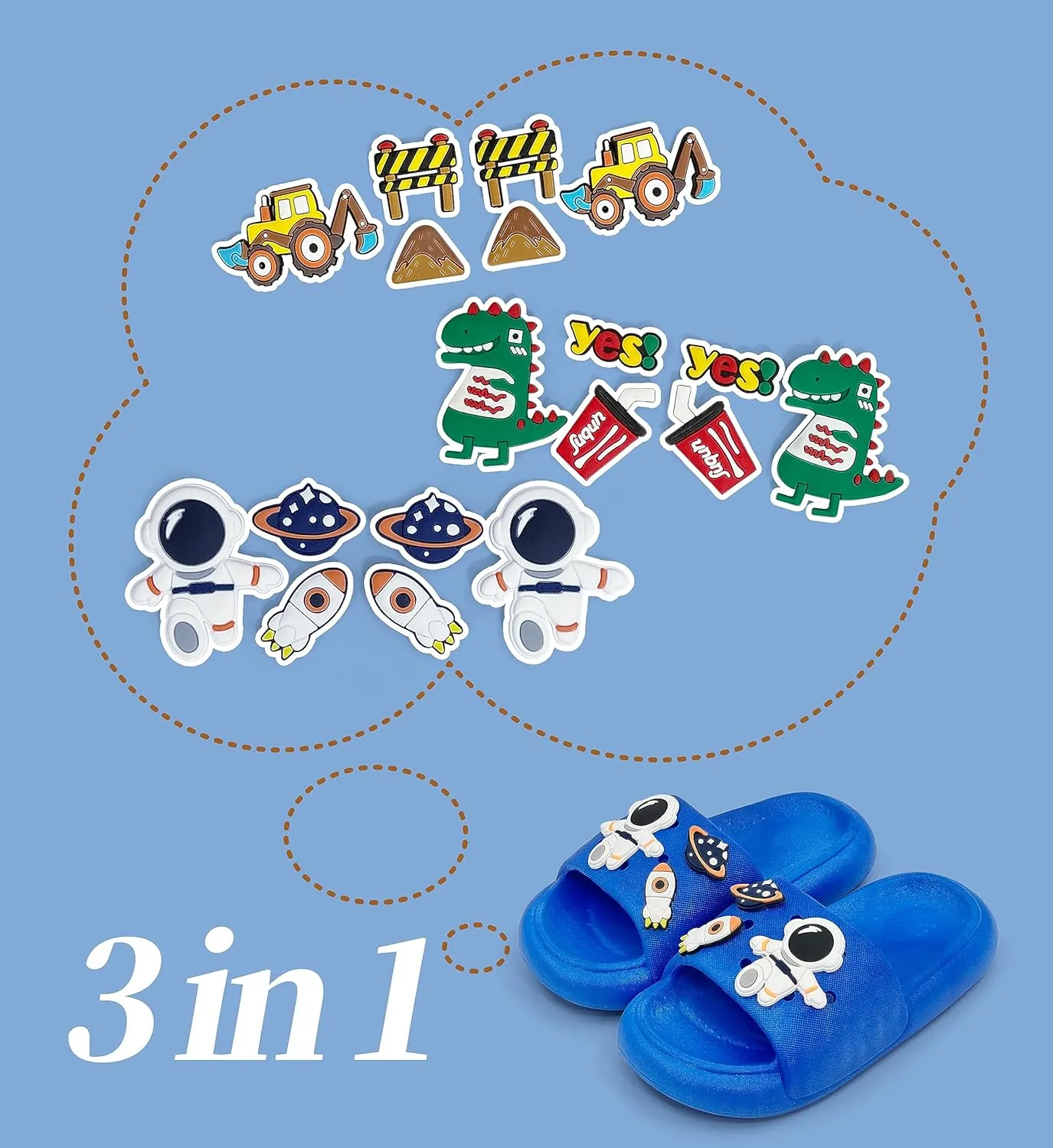 Toddler Slides Slippers Boys & Girls Slide Sandals for Kids Cute Cartoon Open Toe Sandals Compfy Shower Slippers Beach Garden Shoes 4 in 1 with 3 pair of Shoes Decoration Charms