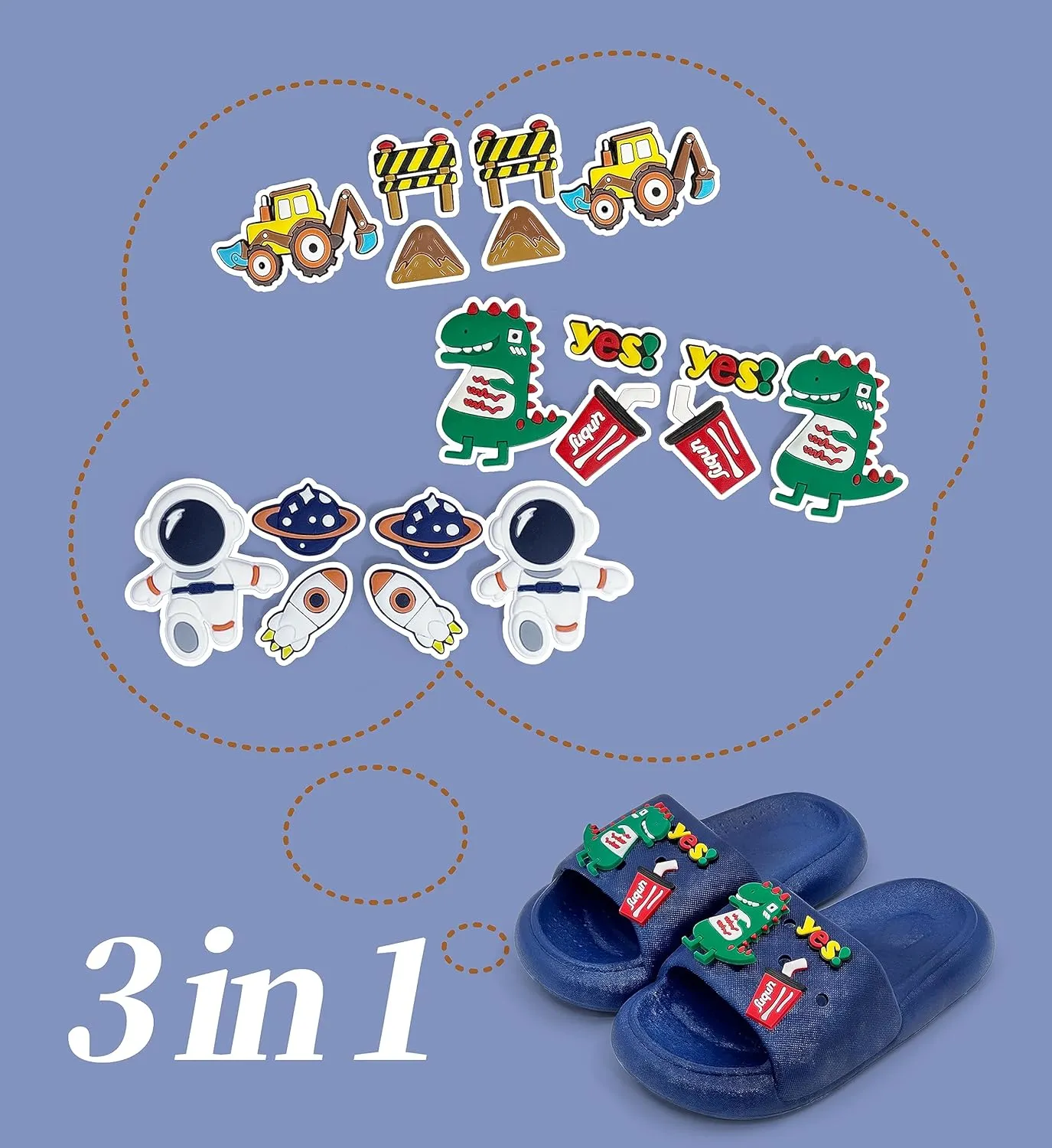 Toddler Slides Slippers Boys & Girls Slide Sandals for Kids Cute Cartoon Open Toe Sandals Compfy Shower Slippers Beach Garden Shoes 4 in 1 with 3 pair of Shoes Decoration Charms