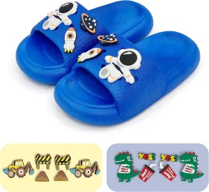 Toddler Slides Slippers Boys & Girls Slide Sandals for Kids Cute Cartoon Open Toe Sandals Compfy Shower Slippers Beach Garden Shoes 4 in 1 with 3 pair of Shoes Decoration Charms