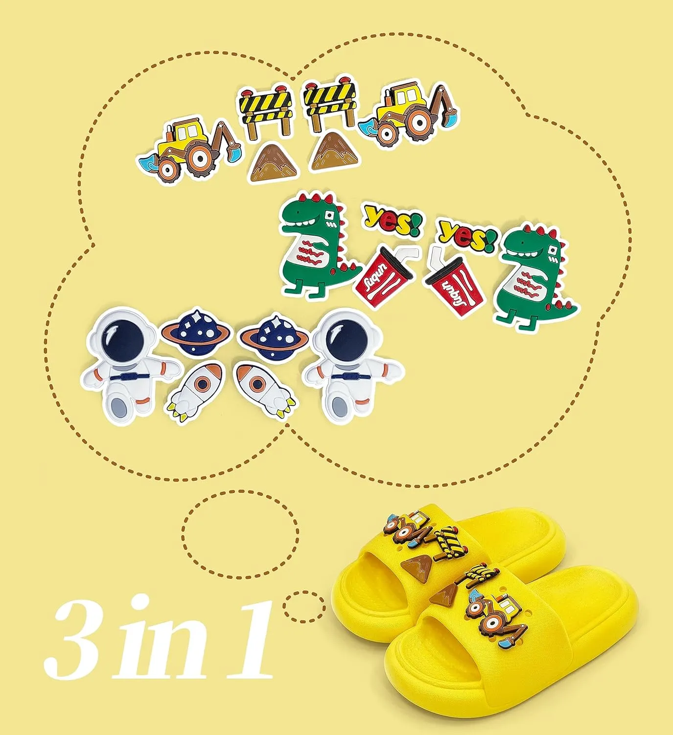 Toddler Slides Slippers Boys & Girls Slide Sandals for Kids Cute Cartoon Open Toe Sandals Compfy Shower Slippers Beach Garden Shoes 4 in 1 with 3 pair of Shoes Decoration Charms
