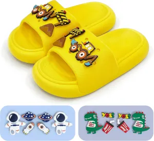 Toddler Slides Slippers Boys & Girls Slide Sandals for Kids Cute Cartoon Open Toe Sandals Compfy Shower Slippers Beach Garden Shoes 4 in 1 with 3 pair of Shoes Decoration Charms