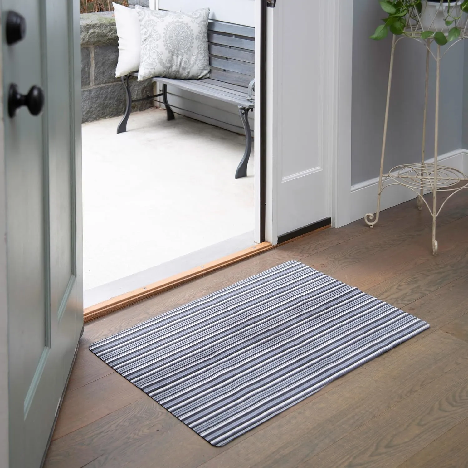 TOWN & COUNTRY BASICS Smooth Step Striped Low Profile Utility Kitchen Mat, Machine Washable, with Non-Slip Backing, Grey/Black, 24"x35"