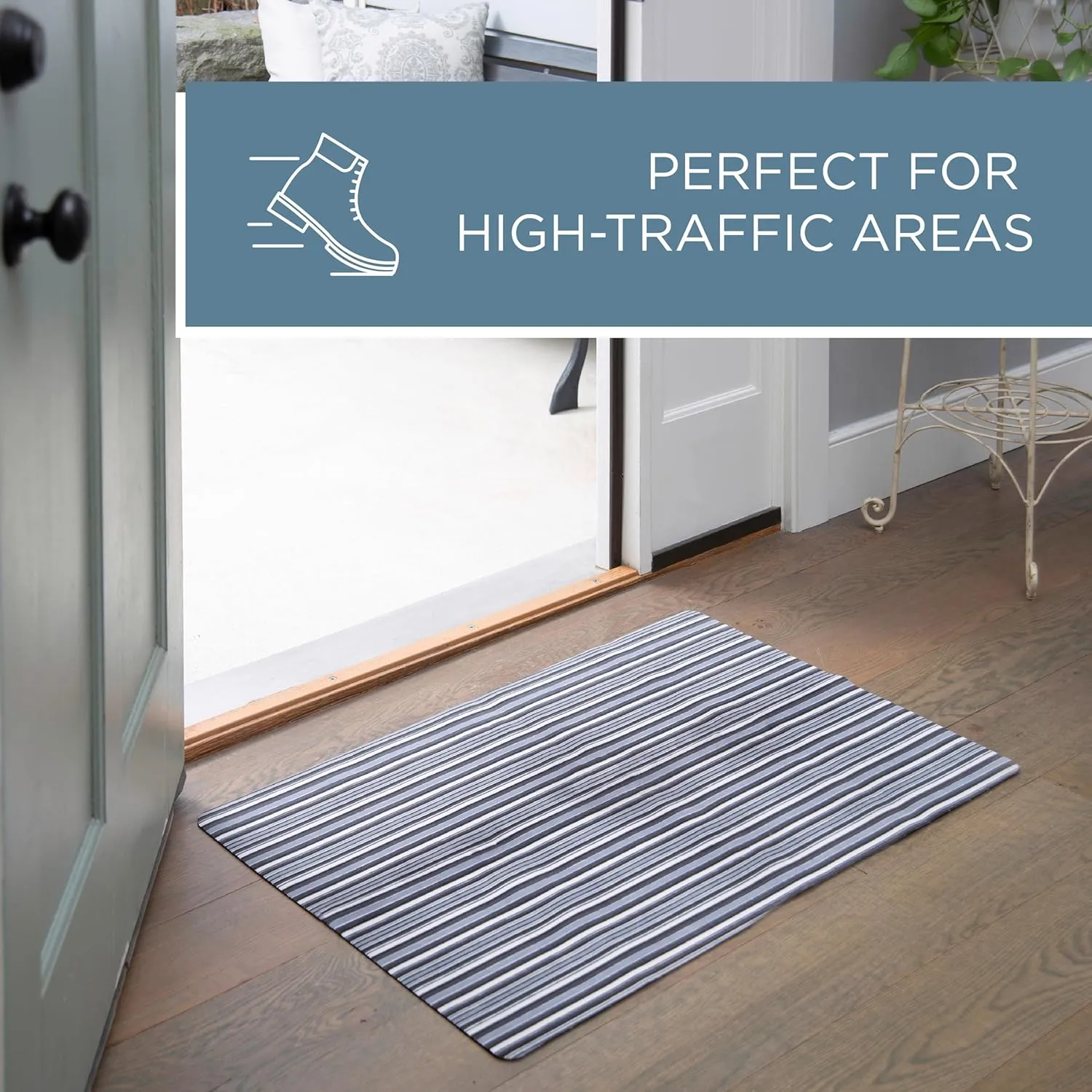 TOWN & COUNTRY BASICS Smooth Step Striped Low Profile Utility Kitchen Mat, Machine Washable, with Non-Slip Backing, Grey/Black, 24"x35"