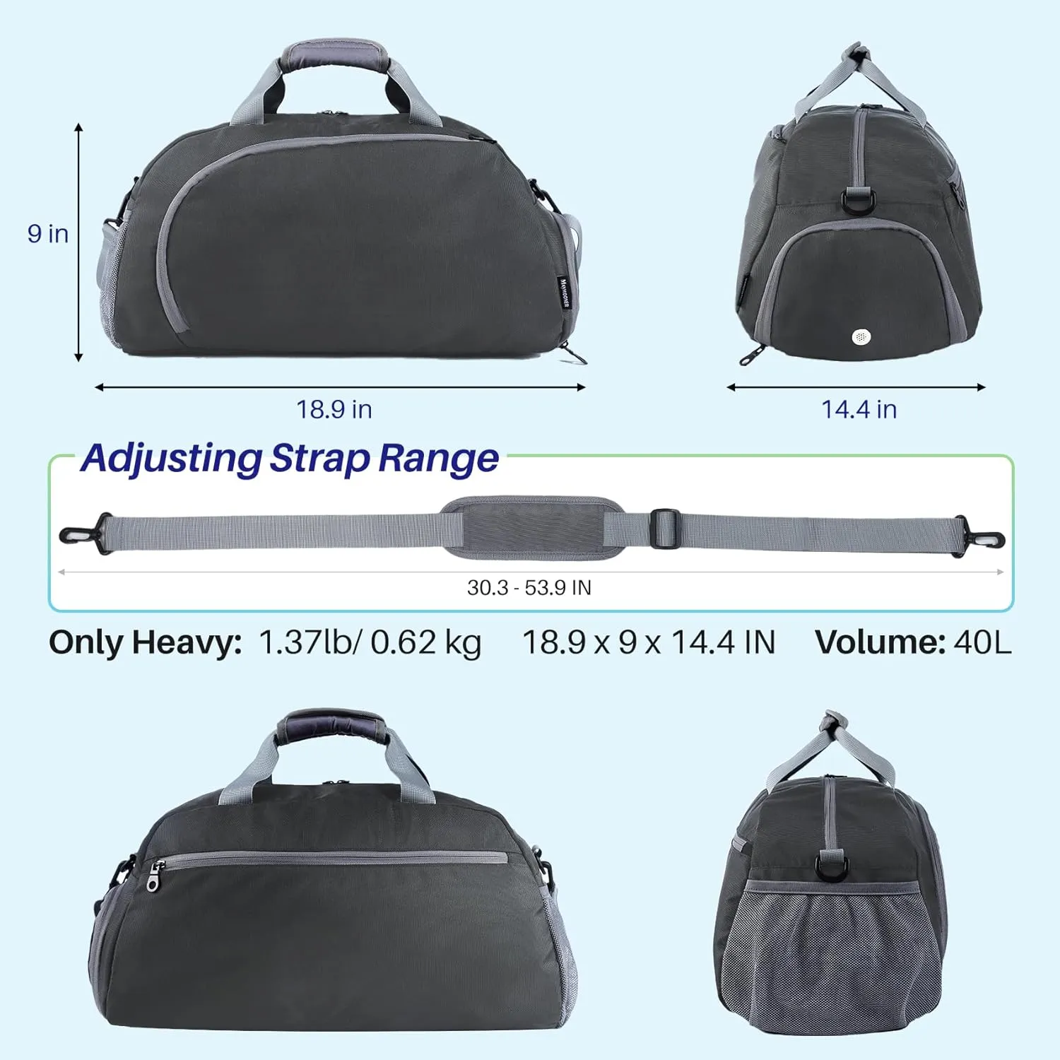 Travel Duffel Bag for Men Women Sports Tote Gym Shoulder Weekender Overnight Bags with Wet Pocket & Shoe Compartment Dark Grey