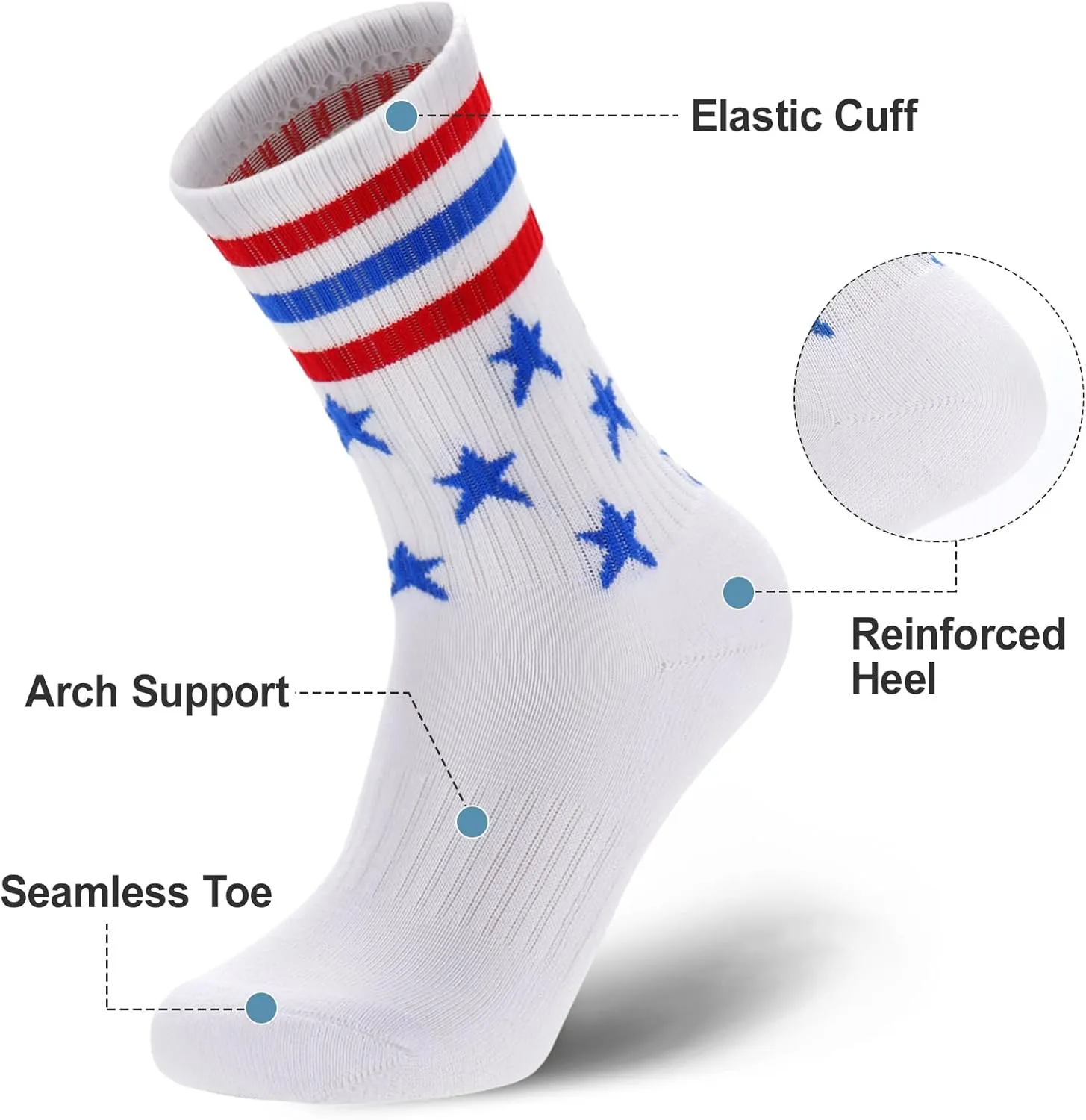 Ultrafun 5 Pairs Striped Crew Socks Cotton Cushioned Athletic Sports Running Socks for Men Women Teens