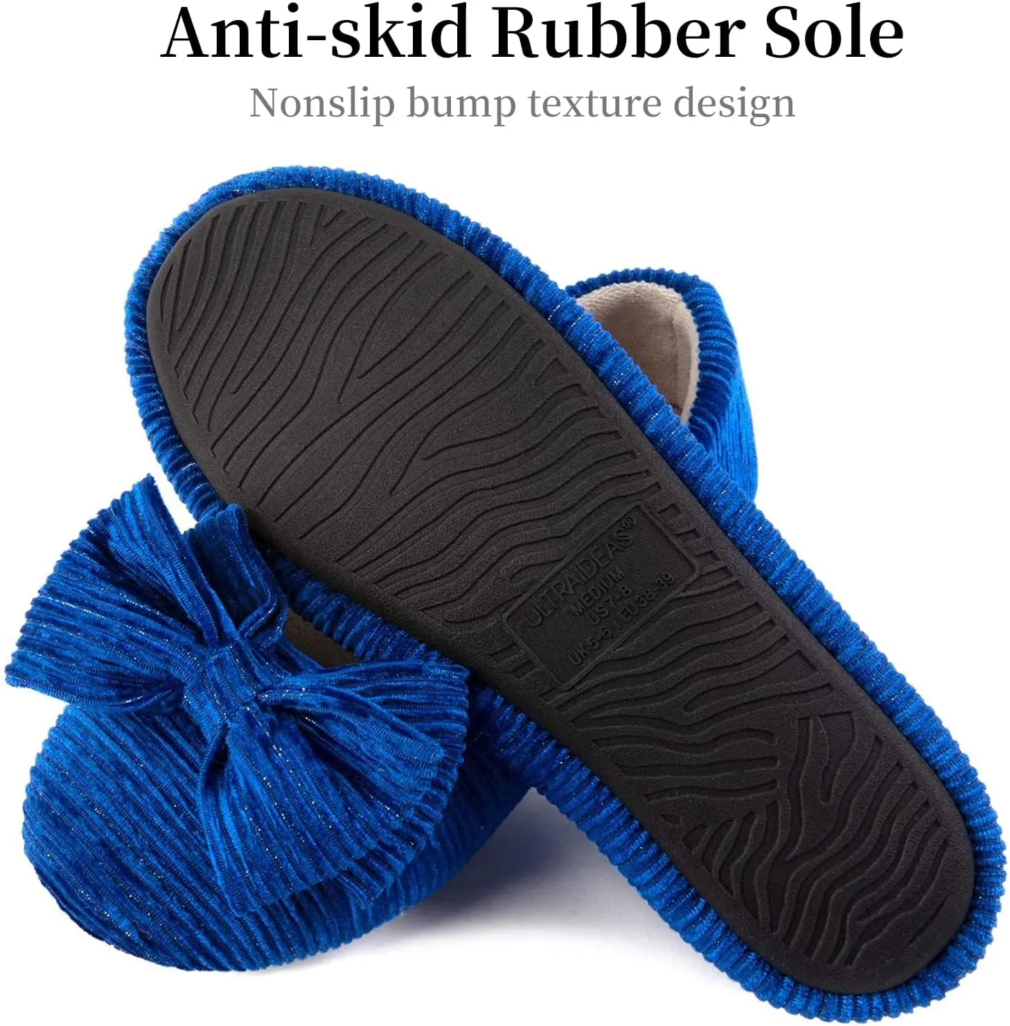 ULTRAIDEAS Women’s Velvet Ballerina Slippers, Lightweight House Shoes with Bow and Indoor Anti-Skid Soft Rubber Sole