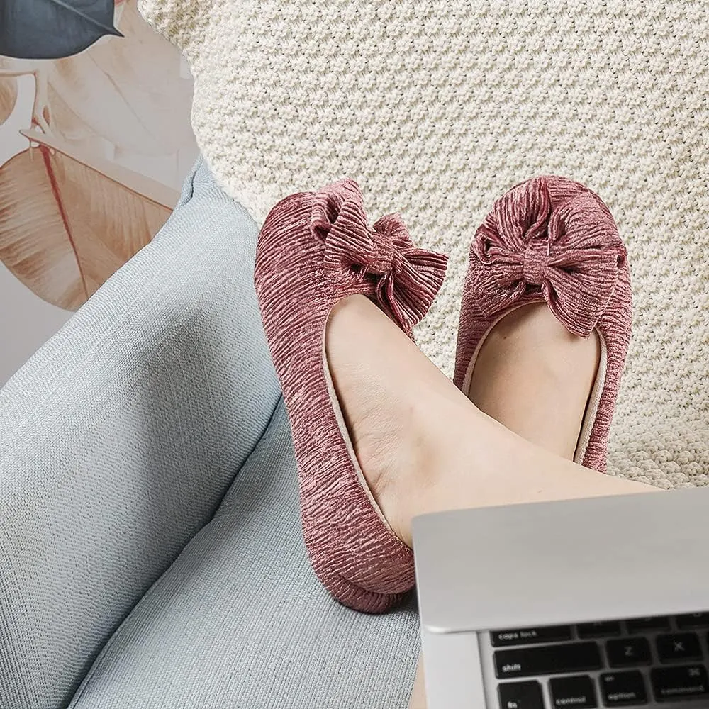ULTRAIDEAS Women’s Velvet Ballerina Slippers, Lightweight House Shoes with Bow and Indoor Anti-Skid Soft Rubber Sole