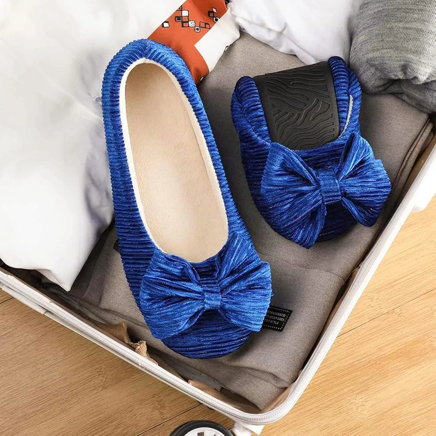 ULTRAIDEAS Women’s Velvet Ballerina Slippers, Lightweight House Shoes with Bow and Indoor Anti-Skid Soft Rubber Sole