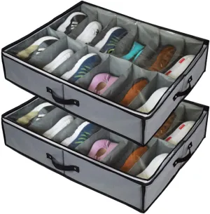 Under Bed Shoe Storage Organizer,2 Pack Fit 24 Pairs, Underbed Shoe Storage Containers Box Bags with Clear Cover,Reinforced Handles,Sturdy zippers,Breathable Fabric Gray