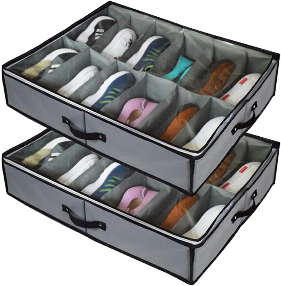 Under Bed Shoe Storage Organizer,2 Pack Fit 24 Pairs, Underbed Shoe Storage Containers Box Bags with Clear Cover,Reinforced Handles,Sturdy zippers,Breathable Fabric Gray