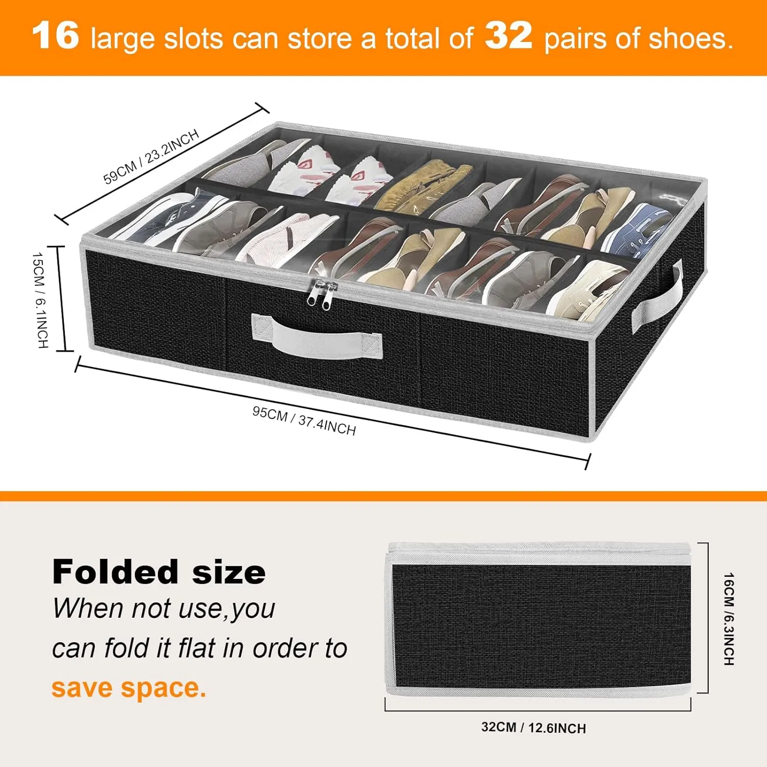 Under the Bed Shoe Storage Organizer for Closet, Extra Large Underbed Shoe Container, 2 Pack Fits 32 Pairs, Black