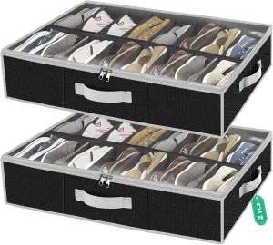 Under the Bed Shoe Storage Organizer for Closet, Extra Large Underbed Shoe Container, 2 Pack Fits 32 Pairs, Black