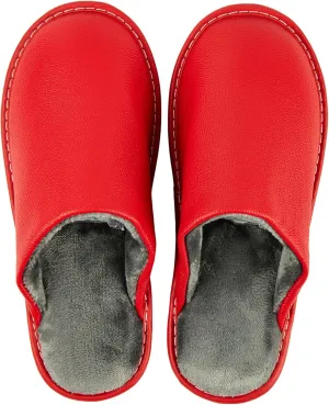 Unisex House Slippers, Genuine Leather Solid Color Minimalist Indoor Slippers, Soft Warm Flannel Lining, Lightweight Comfortable Flexible Anti-Slip Rubber Sole