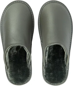 Unisex House Slippers, Genuine Leather Solid Color Minimalist Indoor Slippers, Soft Warm Flannel Lining, Lightweight Comfortable Flexible Anti-Slip Rubber Sole