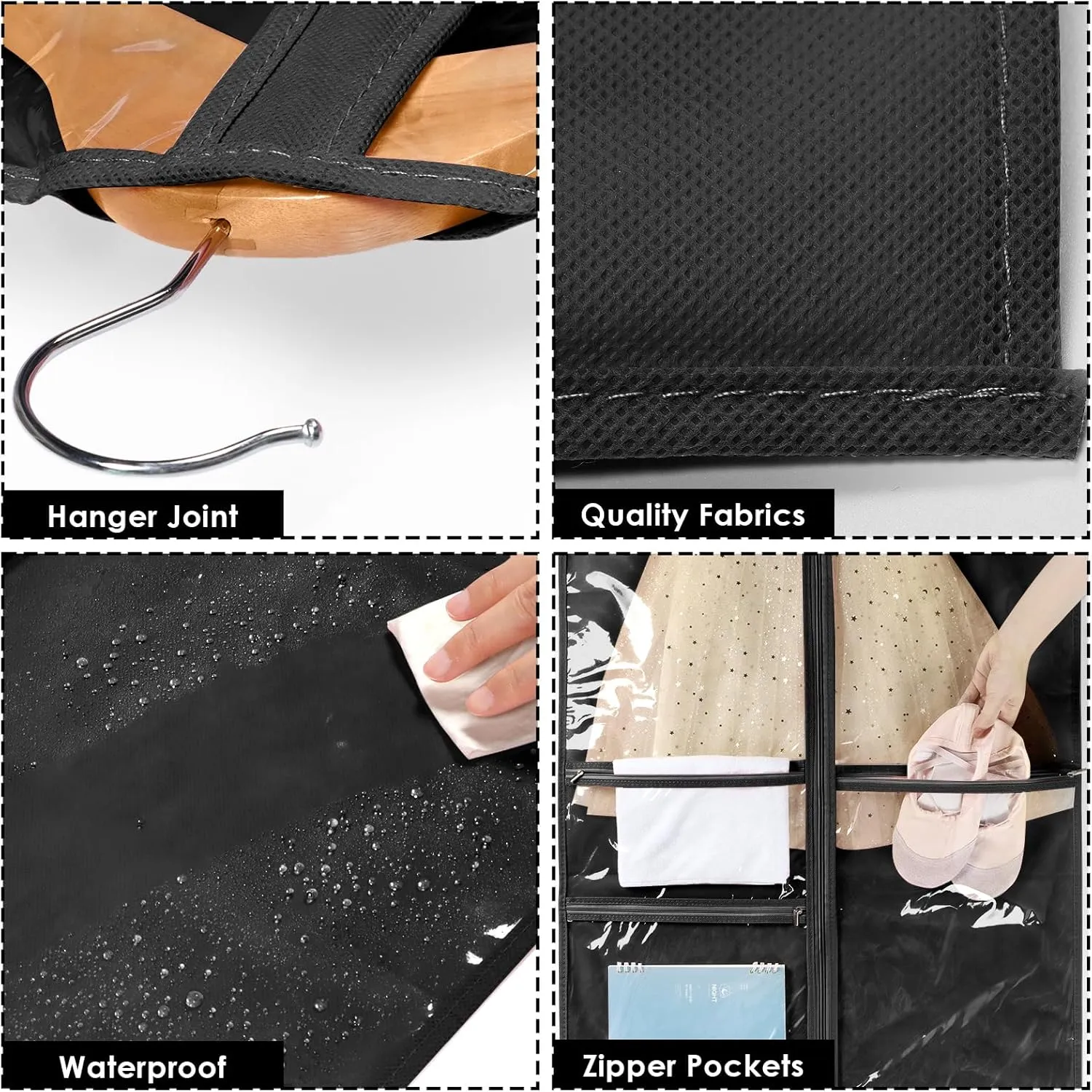 Univivi Dance Costume Bags Garment Bag 40 Inch Hanging Clothes for Dance Competitions, with 3 Medium Clear Zipper Pockets for Dance Costumes, Closet Storage (Black) - 4 Pack