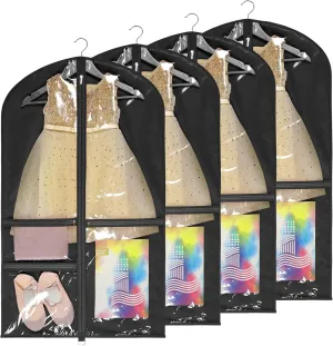 Univivi Dance Costume Bags Garment Bag 40 Inch Hanging Clothes for Dance Competitions, with 3 Medium Clear Zipper Pockets for Dance Costumes, Closet Storage (Black) - 4 Pack