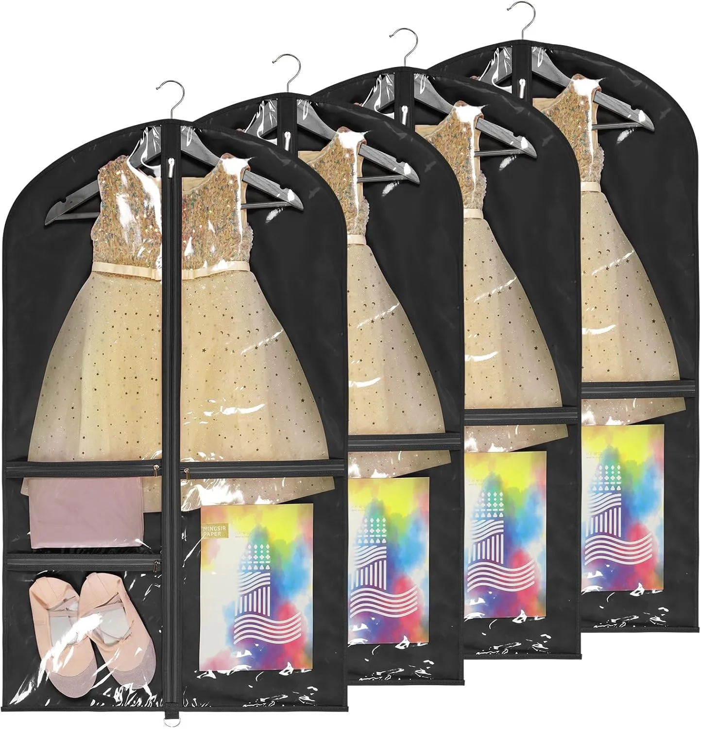 Univivi Dance Costume Bags Garment Bag 40 Inch Hanging Clothes for Dance Competitions, with 3 Medium Clear Zipper Pockets for Dance Costumes, Closet Storage (Black) - 4 Pack