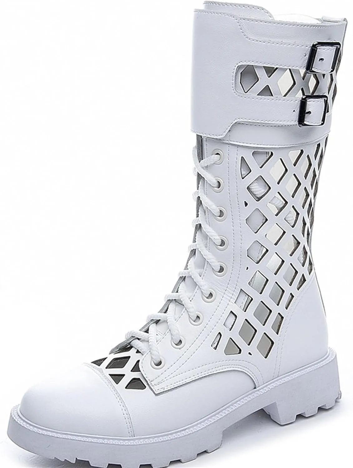 URLECHS Women's Breathable Cutout Round Toe Mid Calf Boots,Platform Lace Up Side Zipper Punk Biker Boot