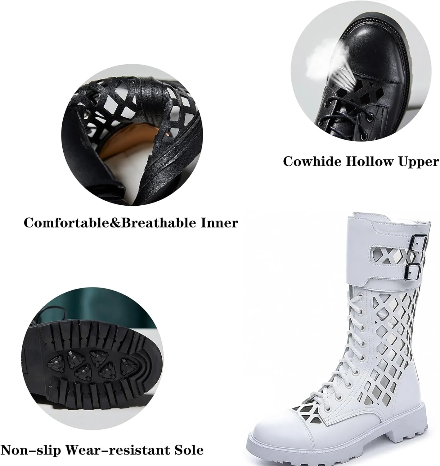 URLECHS Women's Breathable Cutout Round Toe Mid Calf Boots,Platform Lace Up Side Zipper Punk Biker Boot