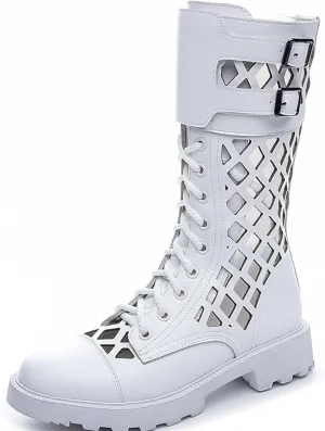 URLECHS Women's Breathable Cutout Round Toe Mid Calf Boots,Platform Lace Up Side Zipper Punk Biker Boot