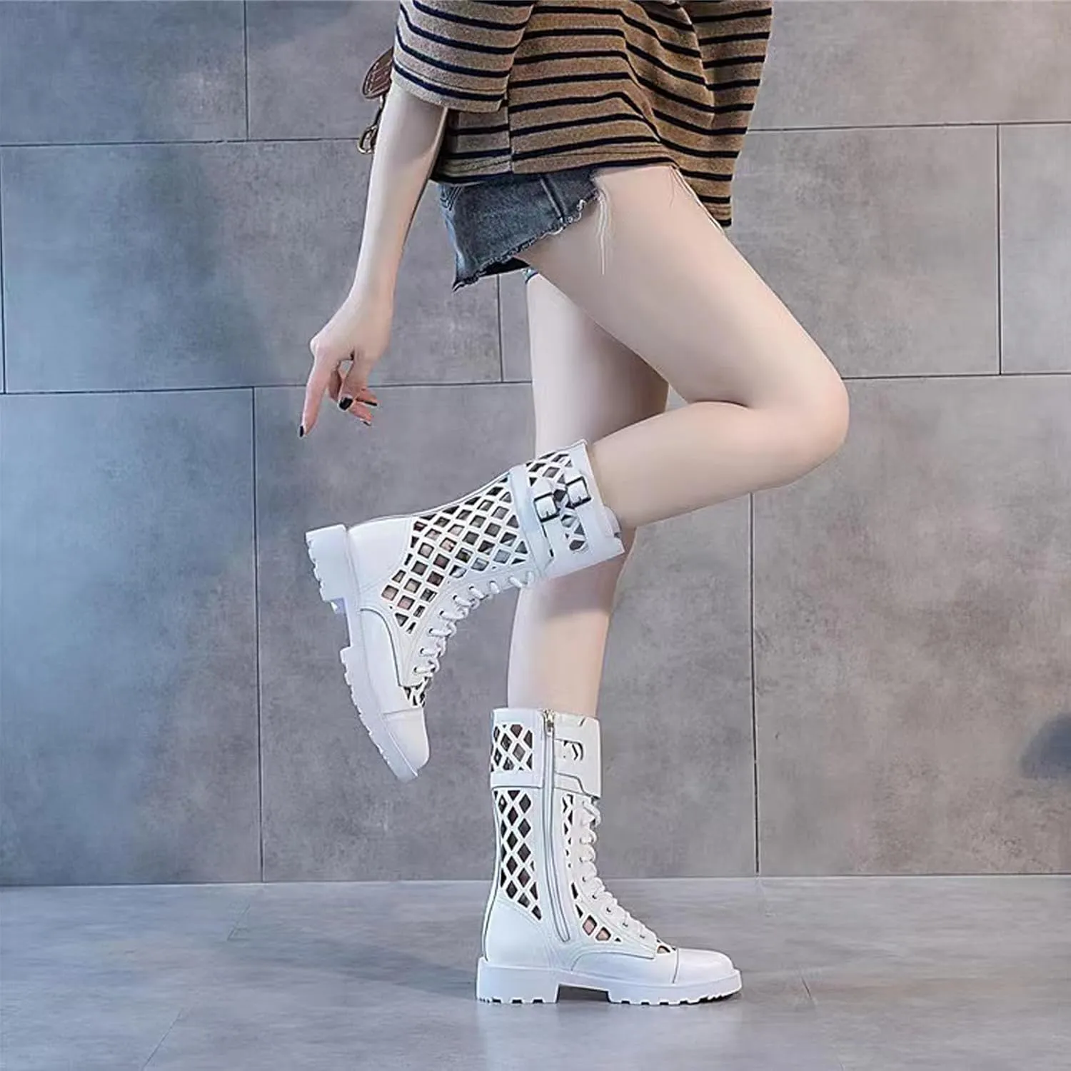 URLECHS Women's Breathable Cutout Round Toe Mid Calf Boots,Platform Lace Up Side Zipper Punk Biker Boot