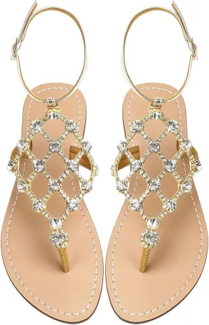 UTIKLIOU Women's Rhinestone Flat Sandals T-Strap Thong Sandals Summer Flat Sandals Flip Flop Sandals for Women