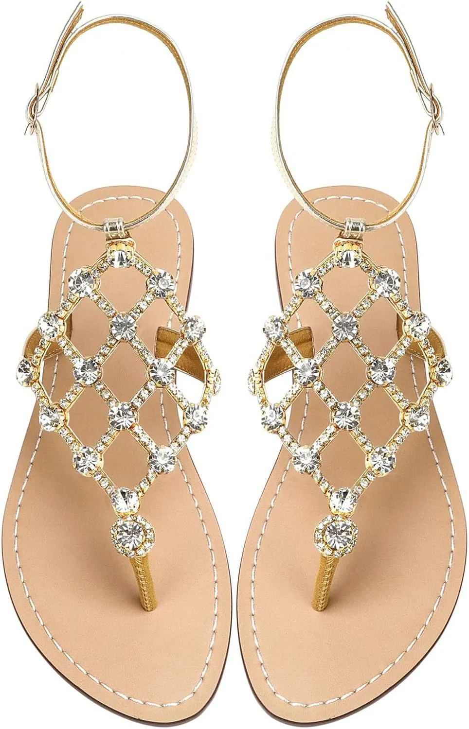 UTIKLIOU Women's Rhinestone Flat Sandals T-Strap Thong Sandals Summer Flat Sandals Flip Flop Sandals for Women