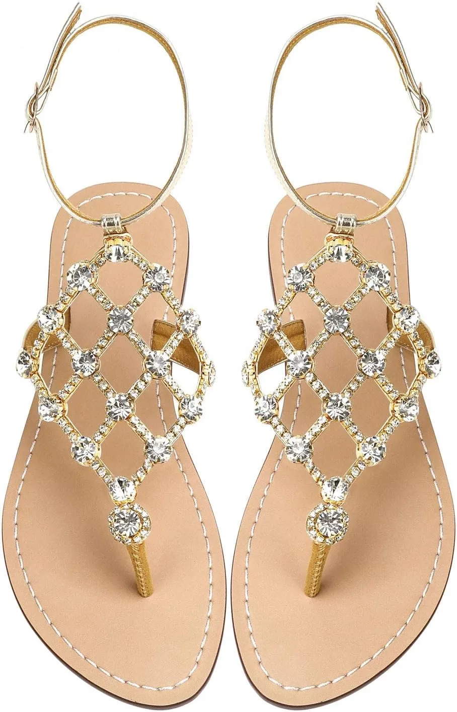 UTIKLIOU Women's Rhinestone Flat Sandals T-Strap Thong Sandals Summer Flat Sandals Flip Flop Sandals for Women