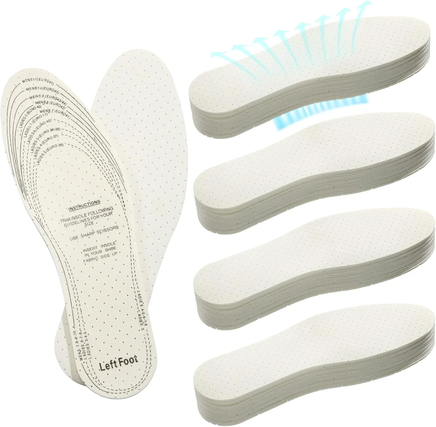 Vabean 24 Pairs Breathable Shoe Inserts, Cut to Fit Latex Insoles for Men Women, Stopping Sweat Inserts Soft Cushioning with Holes Walking Comfort Insole for Unisex Men 7-11 Women 3-8