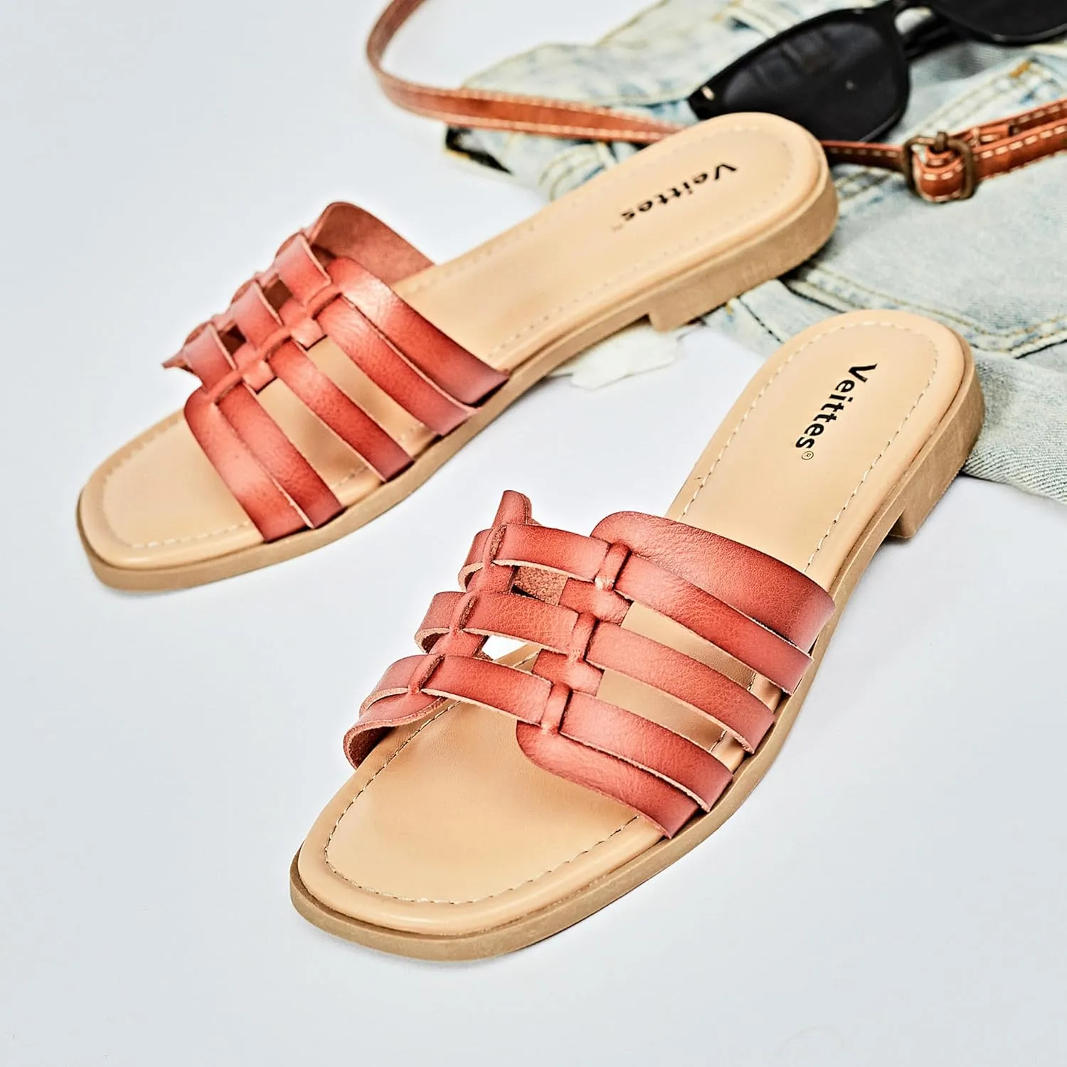 Veittes Women's Flat Slide Sandals - Casual Classic Simple Strappy Slip on Flat Summer Sandals.