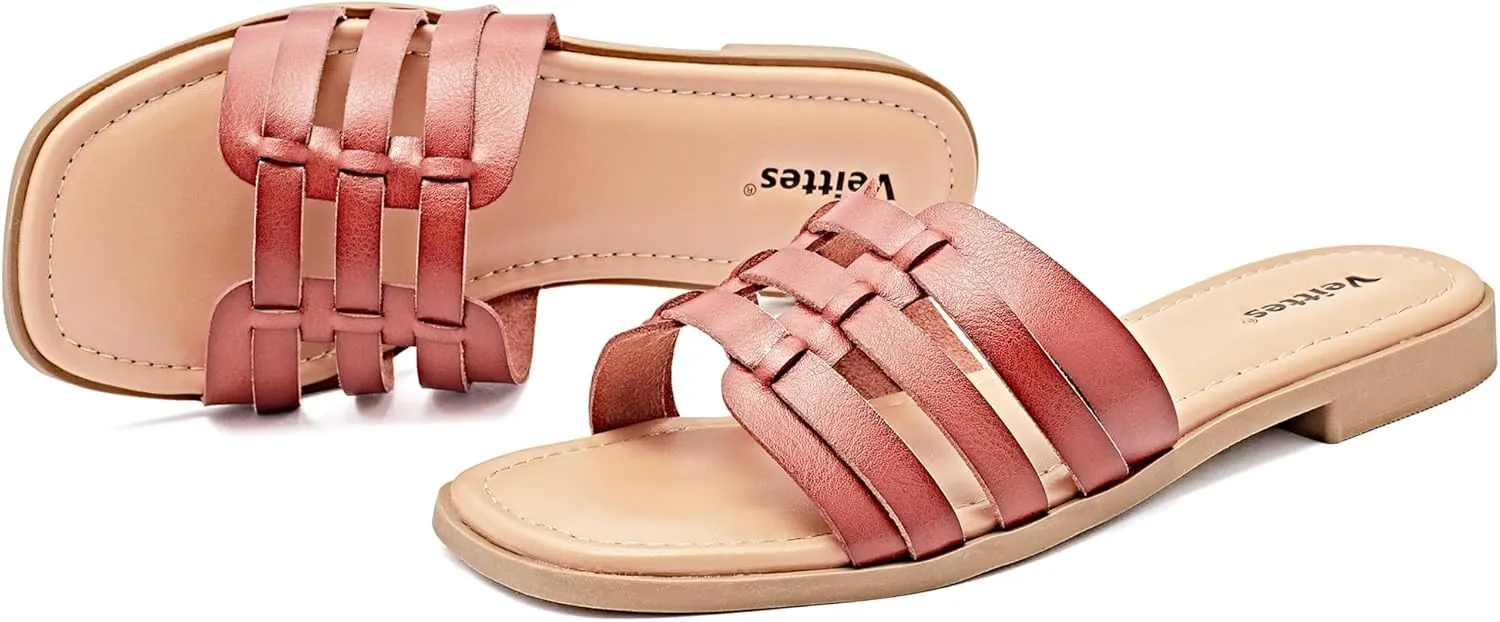 Veittes Women's Flat Slide Sandals - Casual Classic Simple Strappy Slip on Flat Summer Sandals.