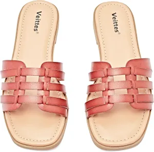 Veittes Women's Flat Slide Sandals - Casual Classic Simple Strappy Slip on Flat Summer Sandals.
