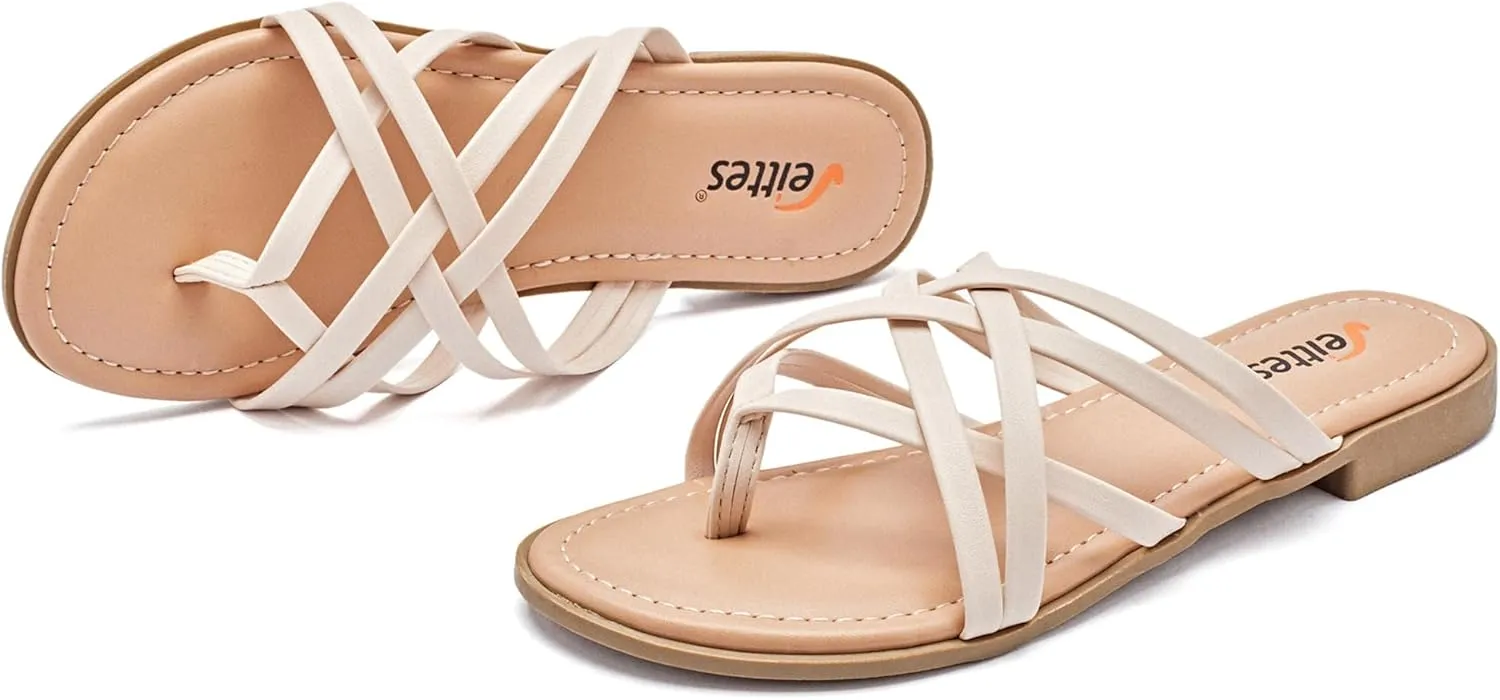 Veittes Women's Flat Slide Sandals - Comfort Casual Criss Cross Flat Summer Shoes.