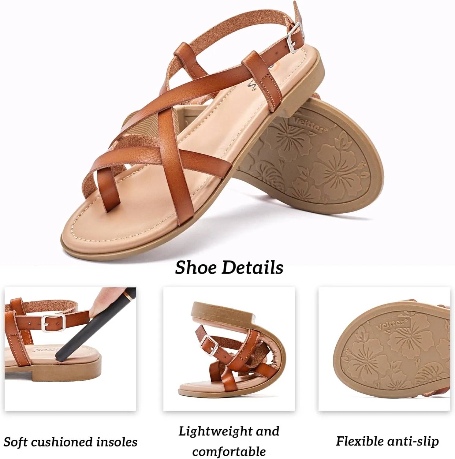 Veittes Women's Flat Slide Sandals - Comfort Casual Criss Cross Flat Summer Shoes.