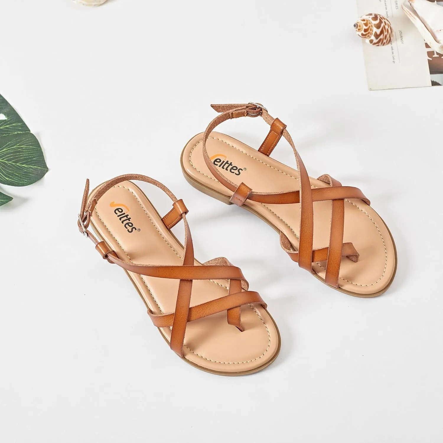 Veittes Women's Flat Slide Sandals - Comfort Casual Criss Cross Flat Summer Shoes.