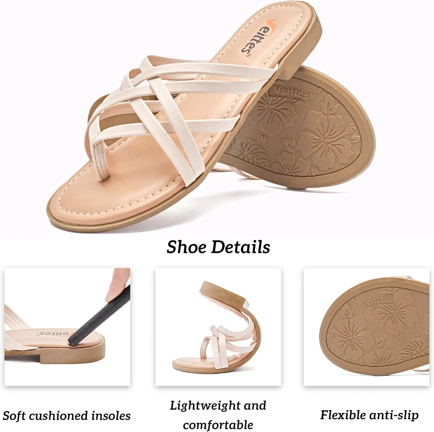 Veittes Women's Flat Slide Sandals - Comfort Casual Criss Cross Flat Summer Shoes.