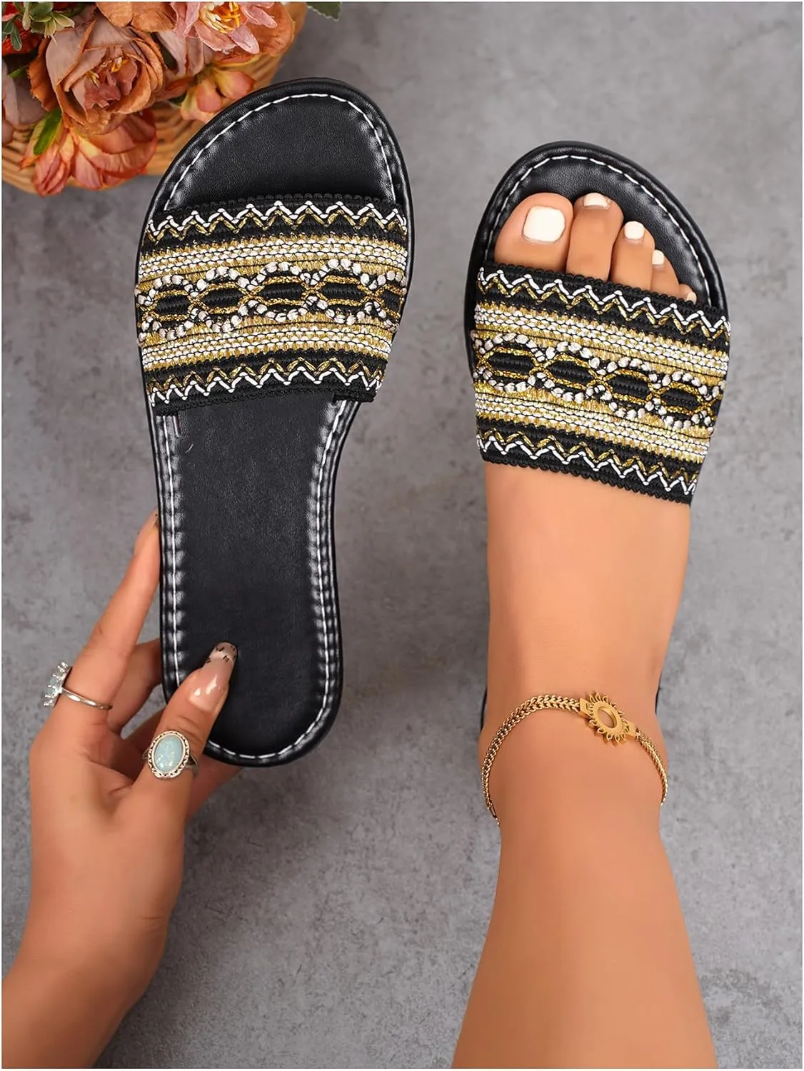 Verdusa Women's Boho Single Band Flat Sandals PU Leather Open Toe Slip on Slides Slippers