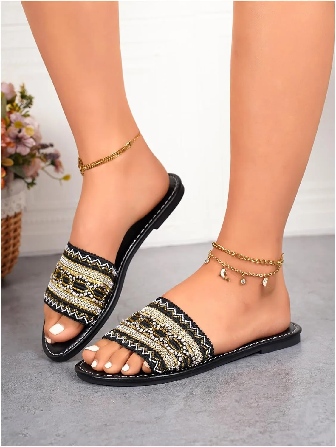 Verdusa Women's Boho Single Band Flat Sandals PU Leather Open Toe Slip on Slides Slippers