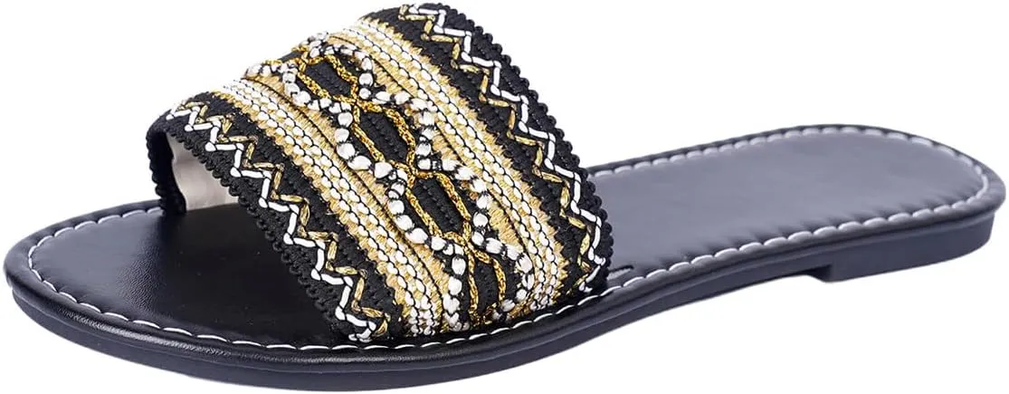 Verdusa Women's Boho Single Band Flat Sandals PU Leather Open Toe Slip on Slides Slippers