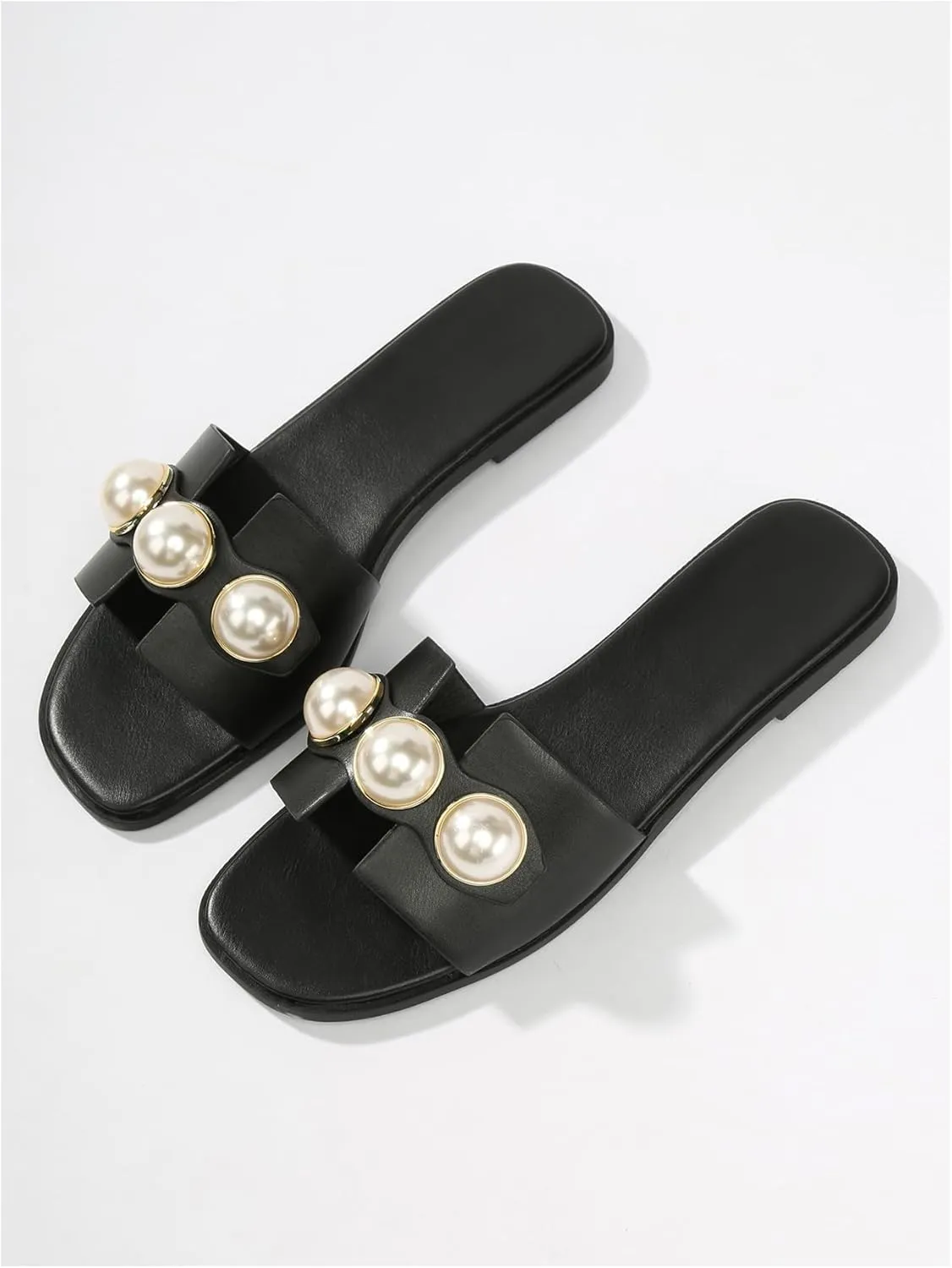 Verdusa Women's Flat Sandals Pearl Sandals Square Toe Summer Slip On Flat Shoes