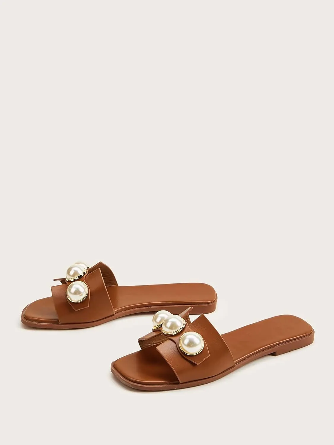 Verdusa Women's Flat Sandals Pearl Sandals Square Toe Summer Slip On Flat Shoes