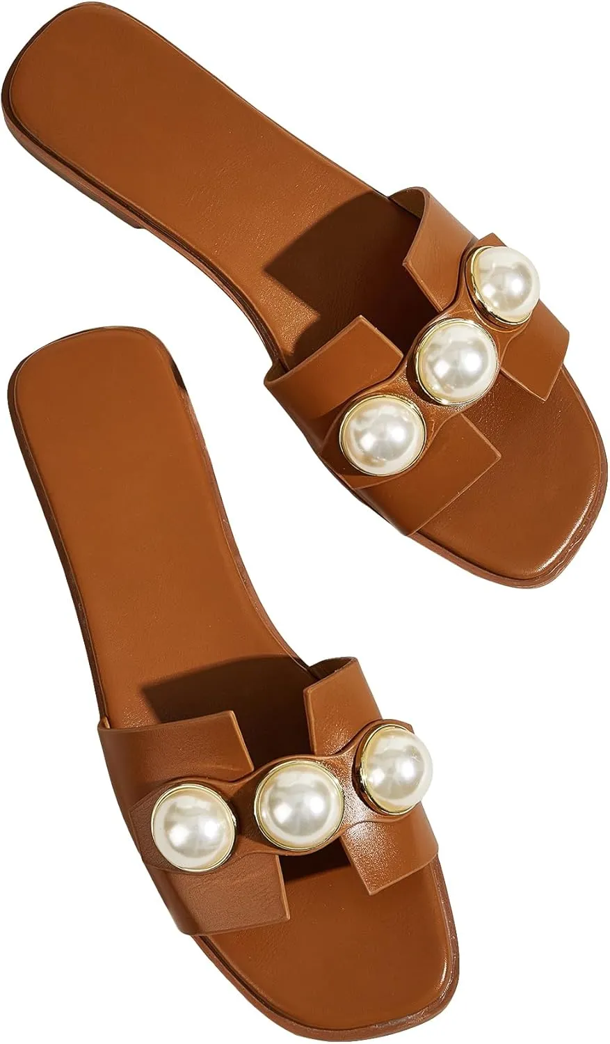 Verdusa Women's Flat Sandals Pearl Sandals Square Toe Summer Slip On Flat Shoes