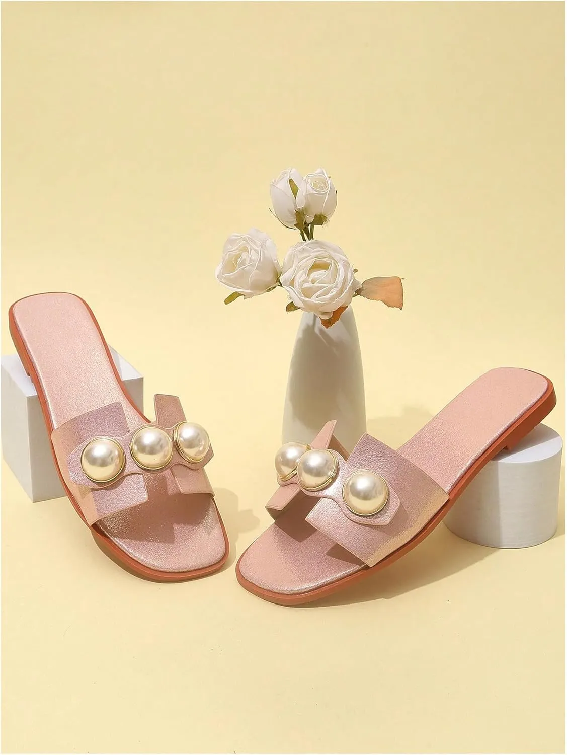 Verdusa Women's Flat Sandals Pearl Sandals Square Toe Summer Slip On Flat Shoes