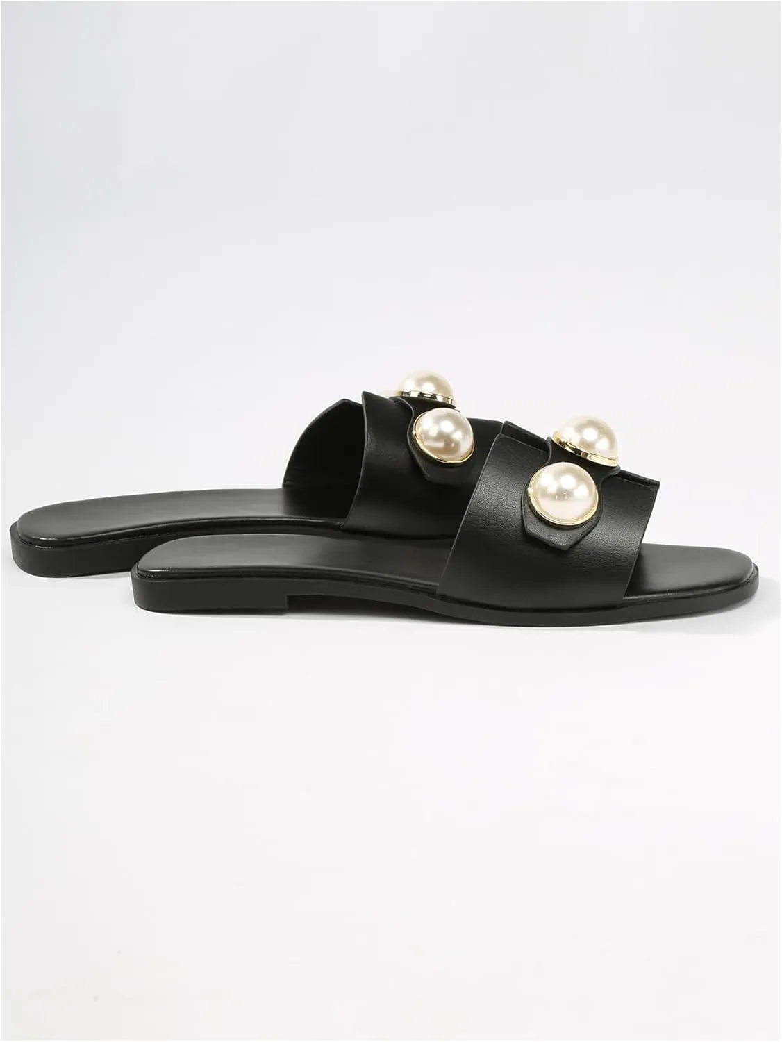 Verdusa Women's Flat Sandals Pearl Sandals Square Toe Summer Slip On Flat Shoes