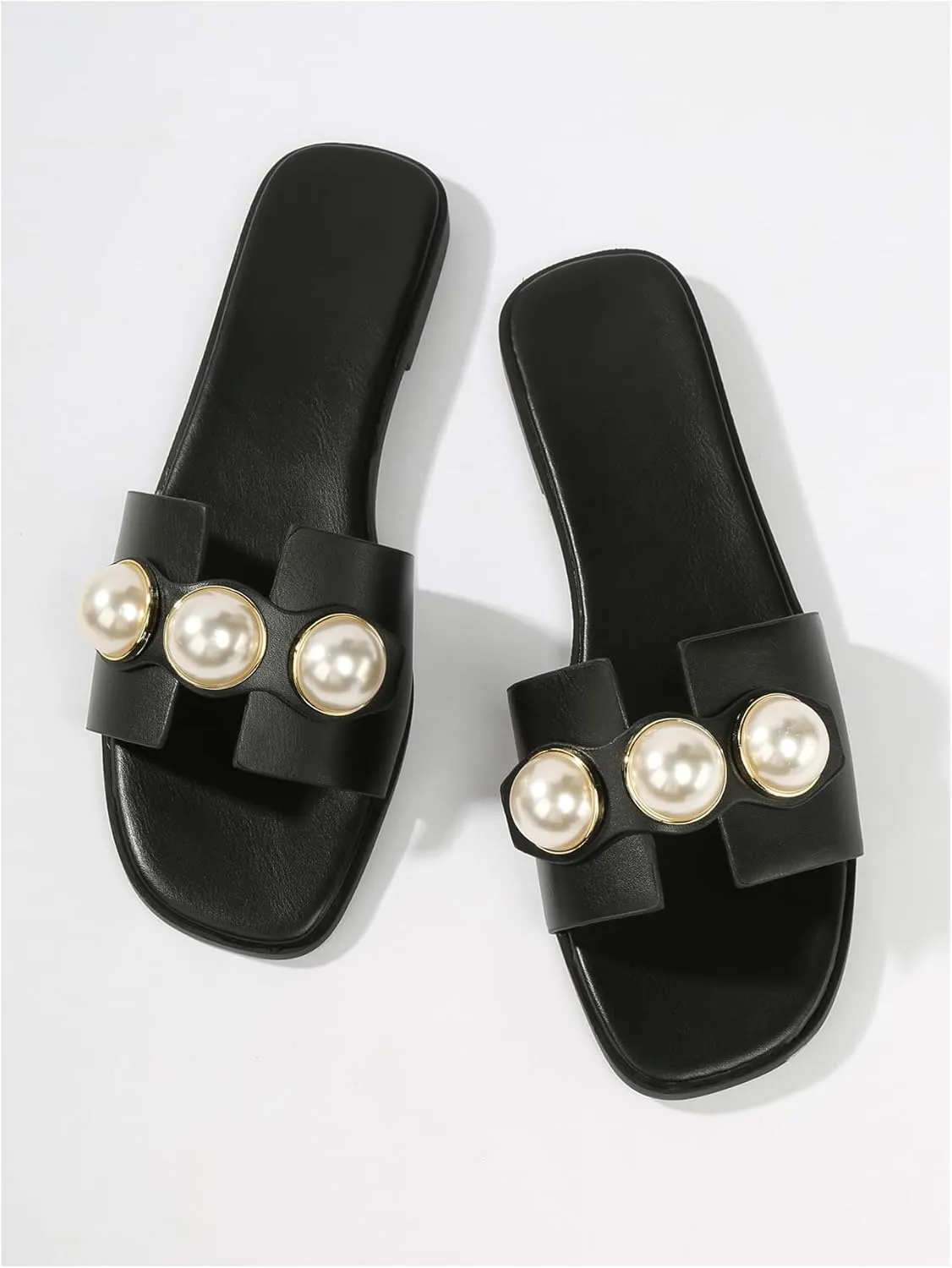 Verdusa Women's Flat Sandals Pearl Sandals Square Toe Summer Slip On Flat Shoes