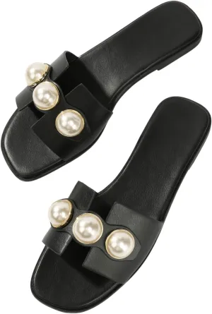 Verdusa Women's Flat Sandals Pearl Sandals Square Toe Summer Slip On Flat Shoes