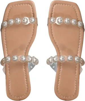 Verdusa Women's Pearls Clear Flat Sandals Square Toe Slides Slip On Transparent Sandals