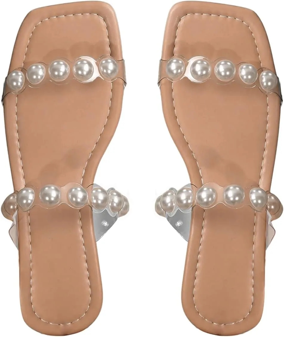 Verdusa Women's Pearls Clear Flat Sandals Square Toe Slides Slip On Transparent Sandals
